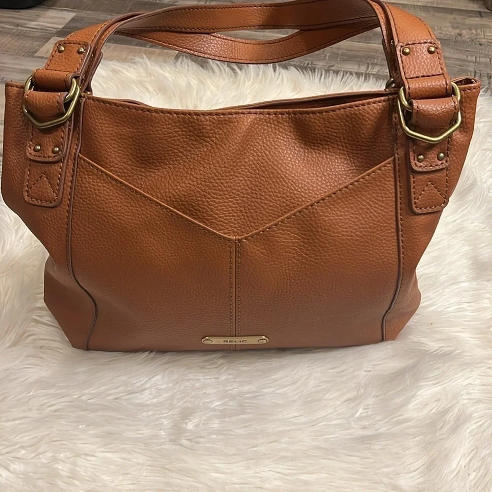 Relic faux leather pebbled shoulder bag cognac 16x10.5x2.5”
